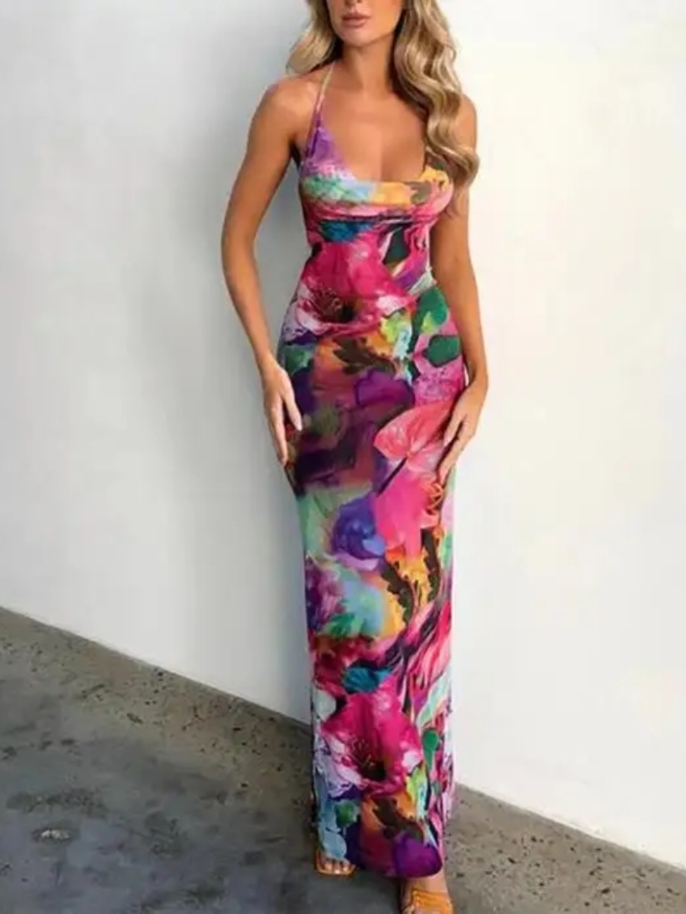 Floral Multicolor Halter Maxi Dress